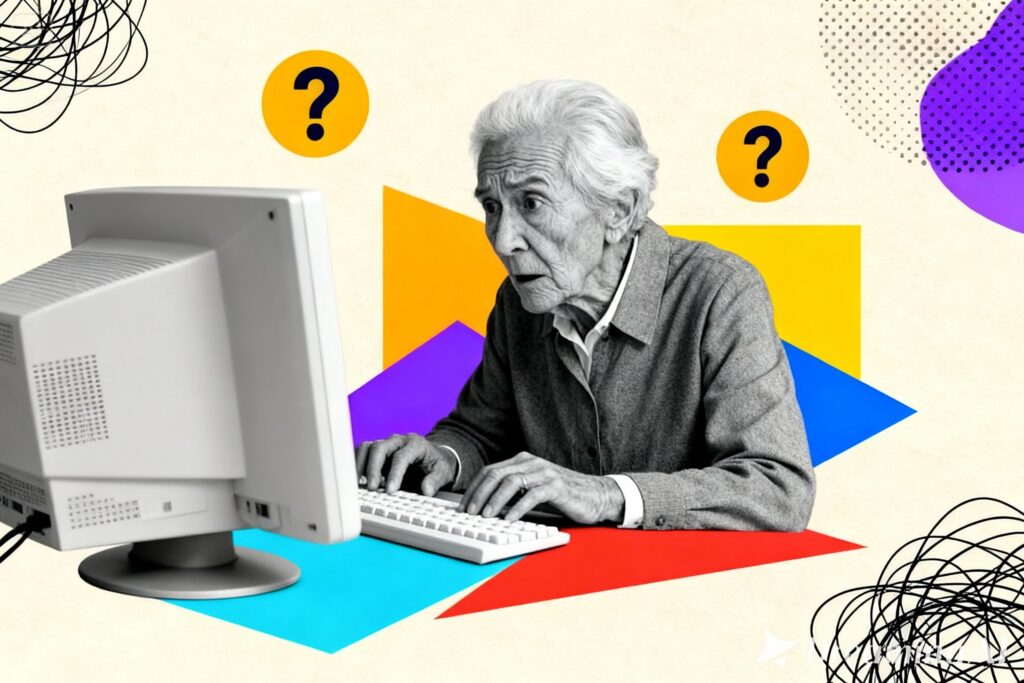 Pessoa usando computador com interrogações.